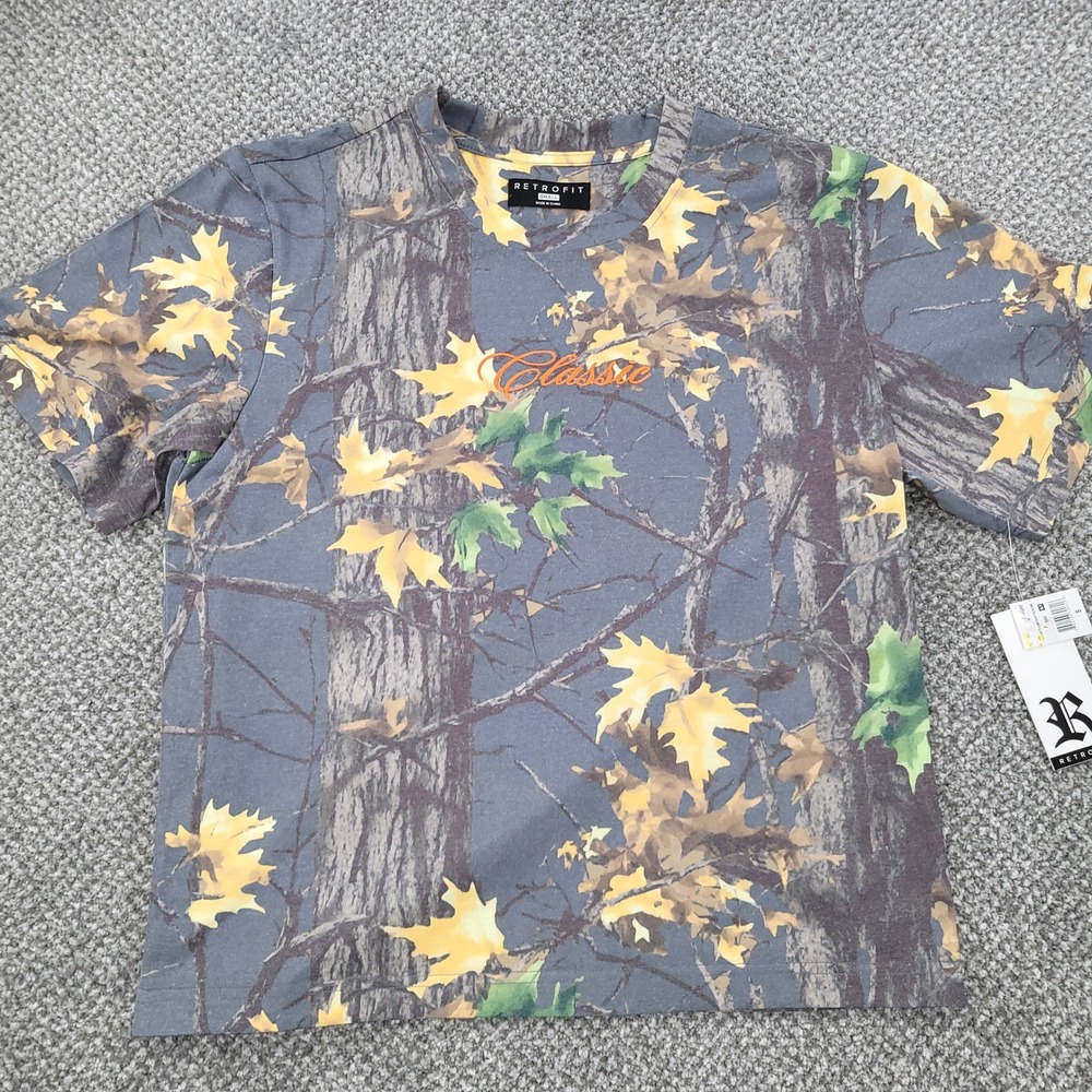 Retrofit Classic Camo Boxy Tee Embroidered Tree Leaf Print T-Shirt Small NEW